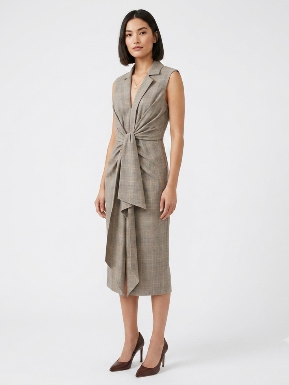 White House Black Market Brown Plaid Sleeveless Tie-Front Midi Dress Size 4